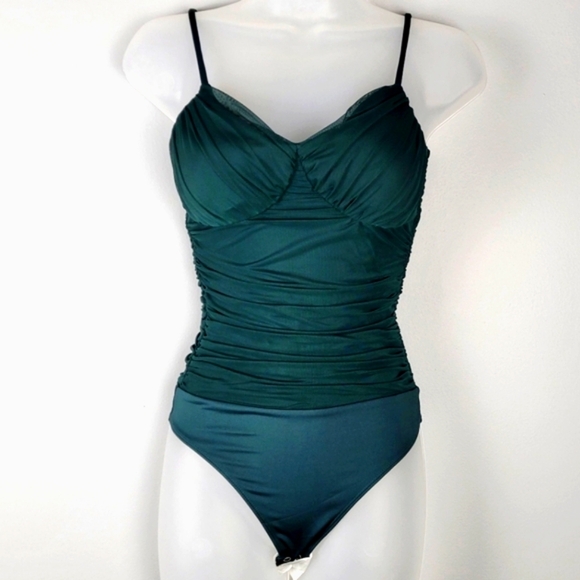NWT Express Size XS Green Ruched Mesh Bodysuit - Picture 1 of 6